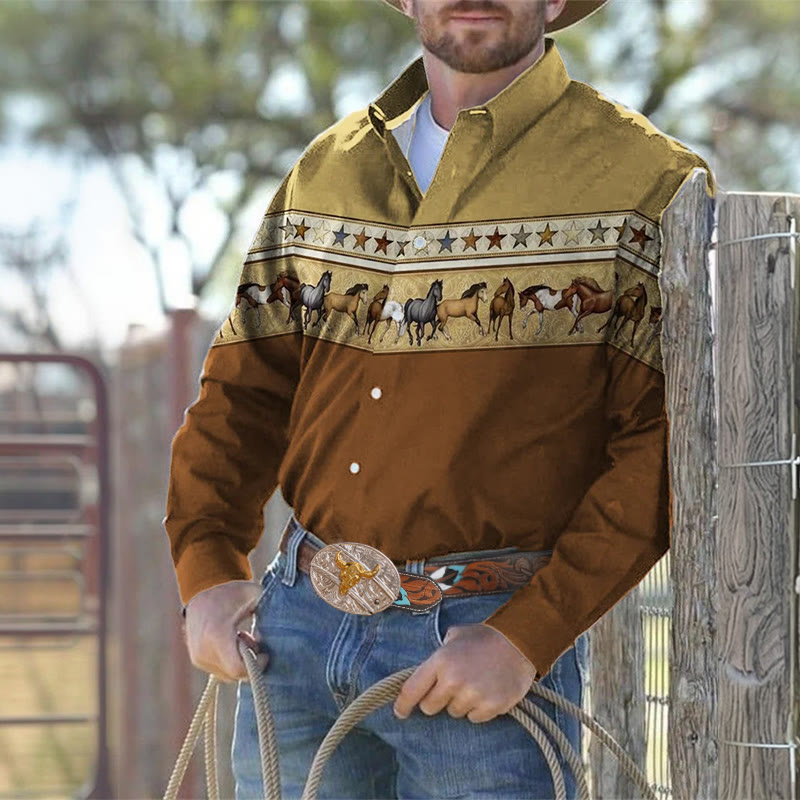 Camicia da cowboy a maniche lunghe con stampa 3D da uomo, motivo: stelle e cavalli - image 0