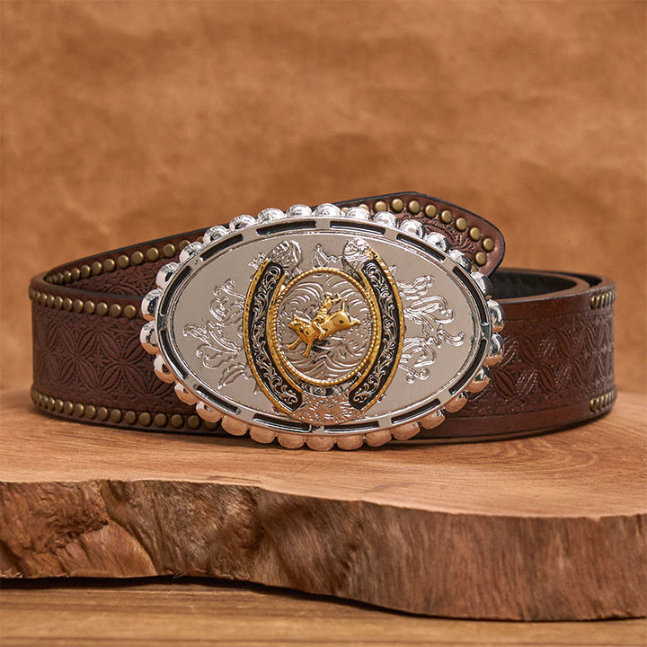 Cintura in pelle con fibbia ovale in argento e motivo retrò da cowboy dorato - Cintura con rivetti marroni - 42 - image 4