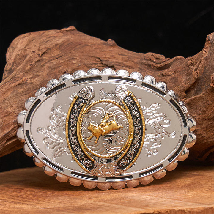 Cintura in pelle con fibbia ovale in argento e motivo retrò da cowboy dorato - Senza cintura - Cintura non inclusa - image 0