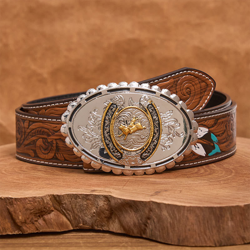 Cintura in pelle con fibbia ovale in argento e motivo retrò da cowboy dorato - Cintura di piume marroni - 40 - image 7