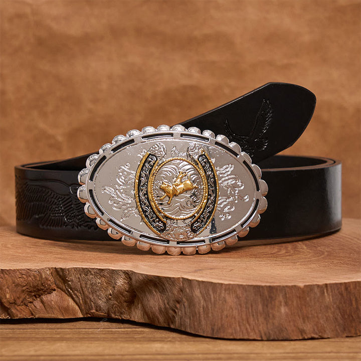 Cintura in pelle con fibbia ovale in argento e motivo retrò da cowboy dorato - Cintura con aquila in rilievo nera - 42 - image 2