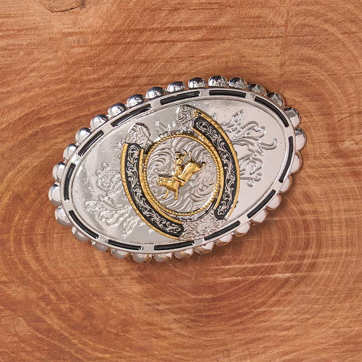 Cintura in pelle con fibbia ovale in argento e motivo retrò da cowboy dorato - image 1