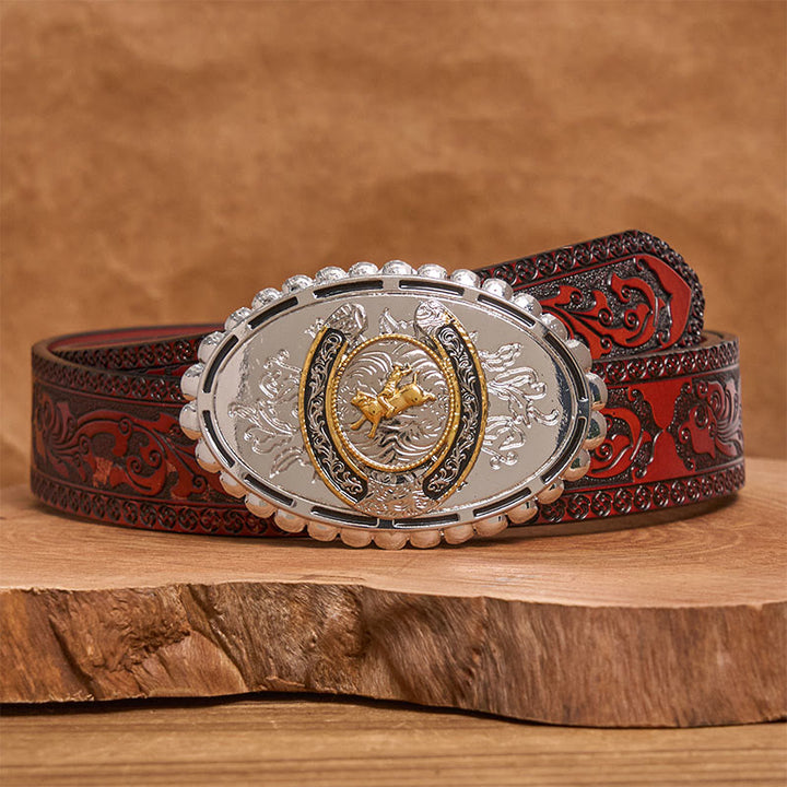 Cintura in pelle con fibbia ovale in argento e motivo retrò da cowboy dorato - Cintura marrone intagliata - 42 - image 6
