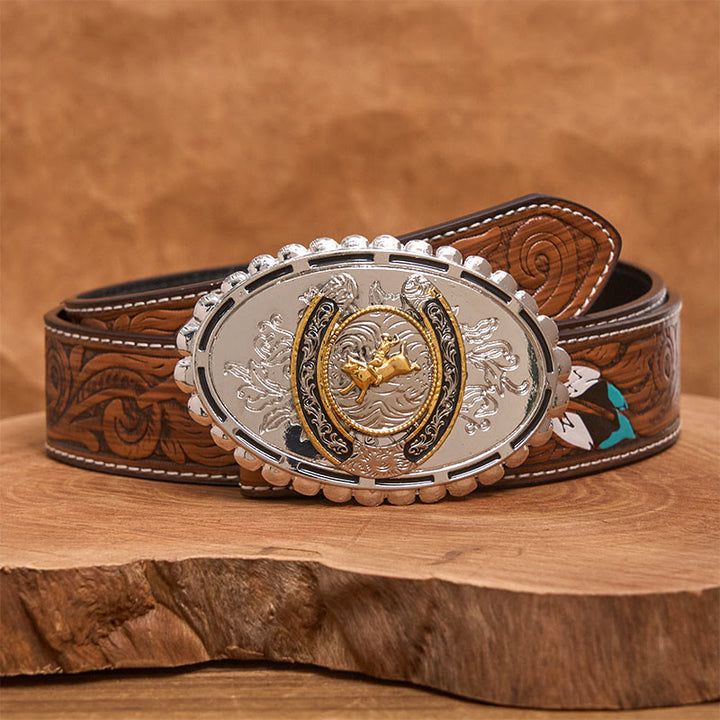 Cintura in pelle con fibbia ovale in argento e motivo retrò da cowboy dorato - Cintura di piume marroni - 40 - image 7