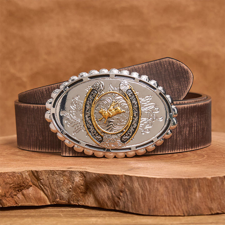 Cintura in pelle con fibbia ovale in argento e motivo retrò da cowboy dorato - Cintura marrone anticata - 42 - image 5