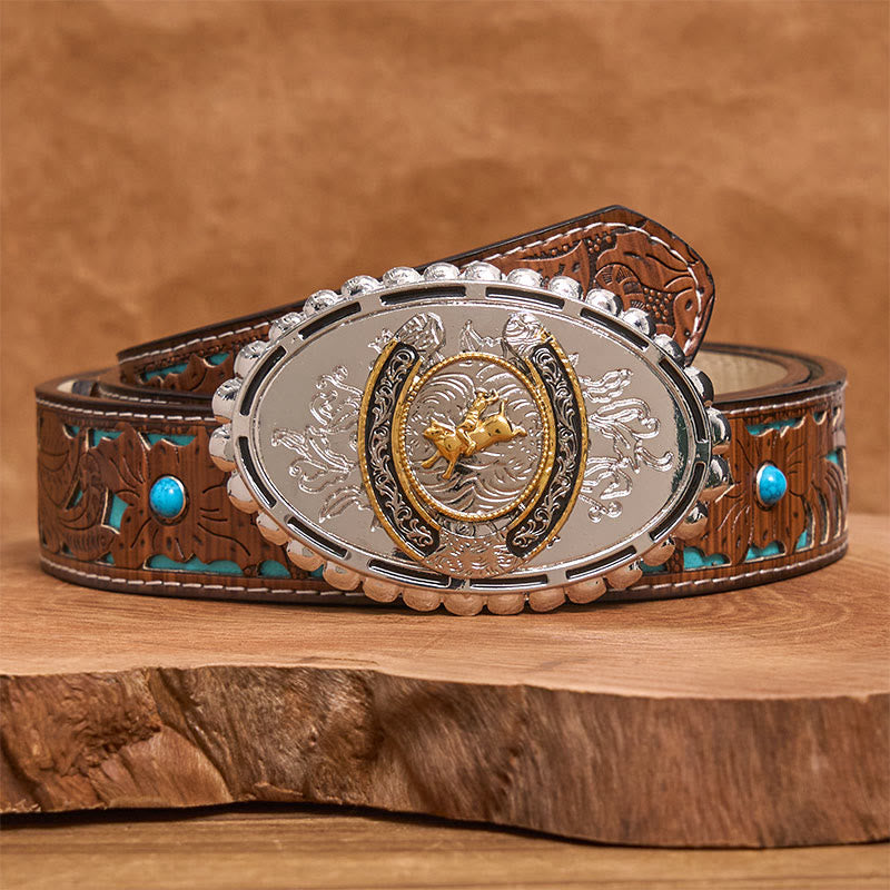 Cintura in pelle con fibbia ovale in argento e motivo retrò da cowboy dorato - Cintura intagliata turchese - 42 - image 3