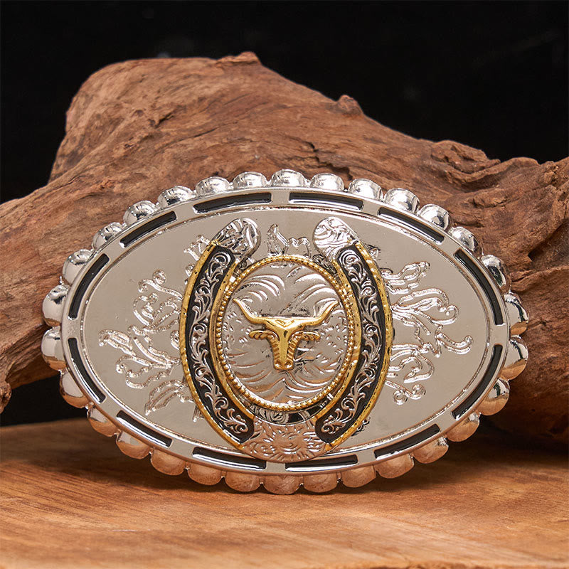 Cintura da uomo in pelle con fibbia ellittica a forma di testa di toro intagliata in argento dorato - Senza cintura - Cintura non inclusa - image 0