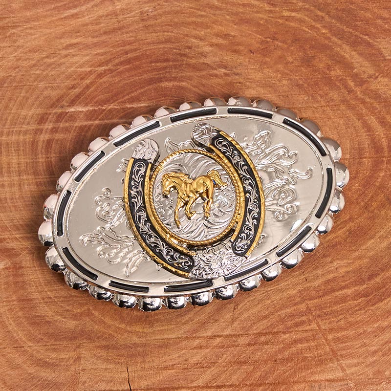 Cintura da uomo in pelle con fibbia a ellisse in argento dorato intagliato a forma di cavallo western - image 1