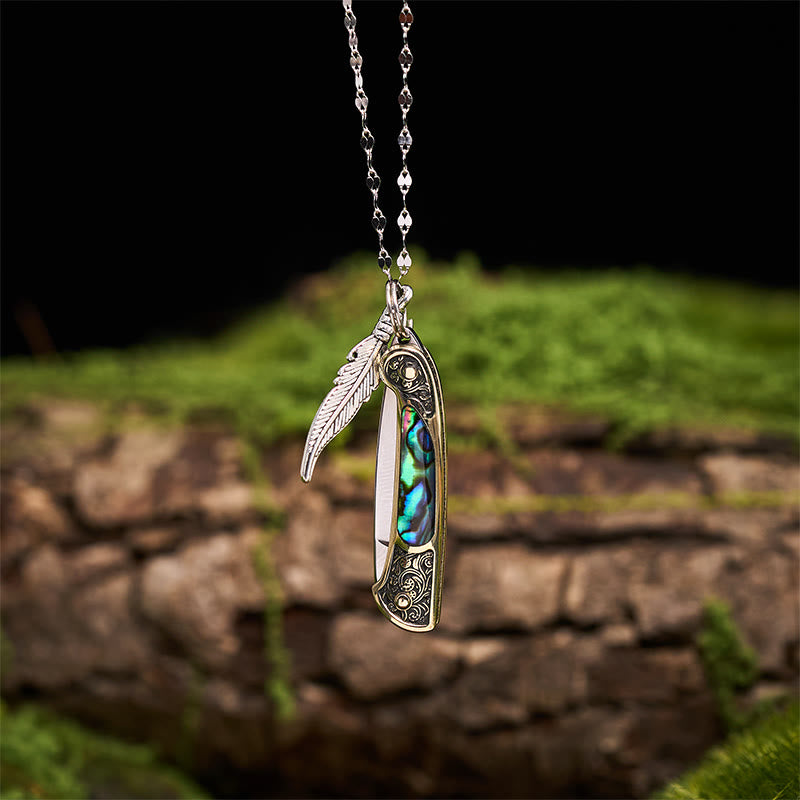 Collana con ciondolo a forma di piuma con coltello pieghevole per attrezzo da esterno - Argento - image 0