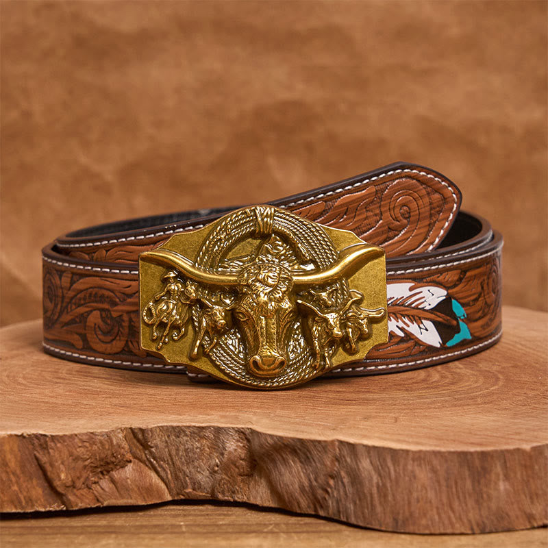 Cintura da uomo in pelle con fibbia a testa di toro color oro e argento in stile western - D'oro - Cintura di piume marroni - 40 - image 14