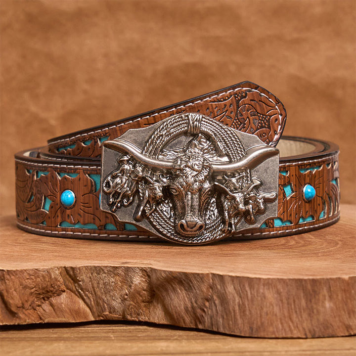 Cintura da uomo in pelle con fibbia a testa di toro color oro e argento in stile western - Argento - Cintura intagliata turchese - 42 - image 7