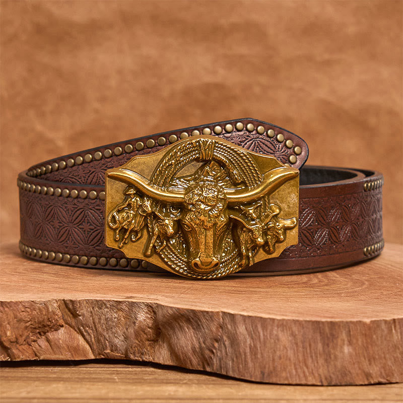 Cintura da uomo in pelle con fibbia a testa di toro color oro e argento in stile western - D'oro - Cintura con rivetti marroni - 42 - image 8