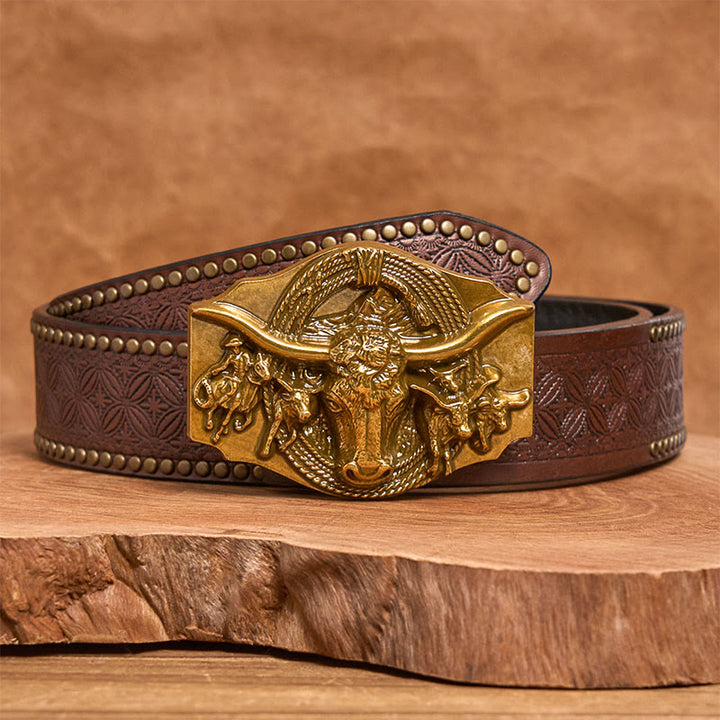 Cintura da uomo in pelle con fibbia a testa di toro color oro e argento in stile western - D'oro - Cintura con rivetti marroni - 42 - image 8