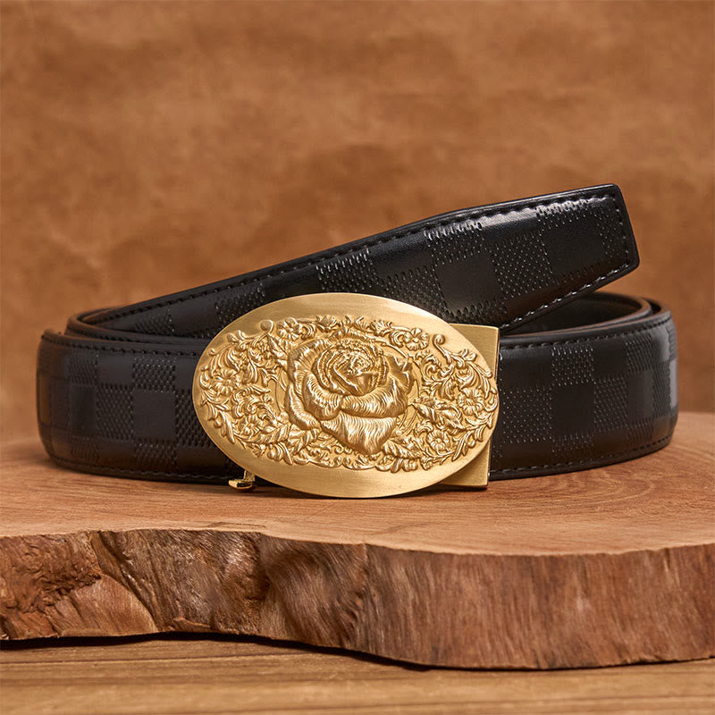 Cintura da uomo in pelle con fibbia automatica in metallo ovale color oro rosa - Rosa d'oro - Cintura nera a quadri (40) - image 6