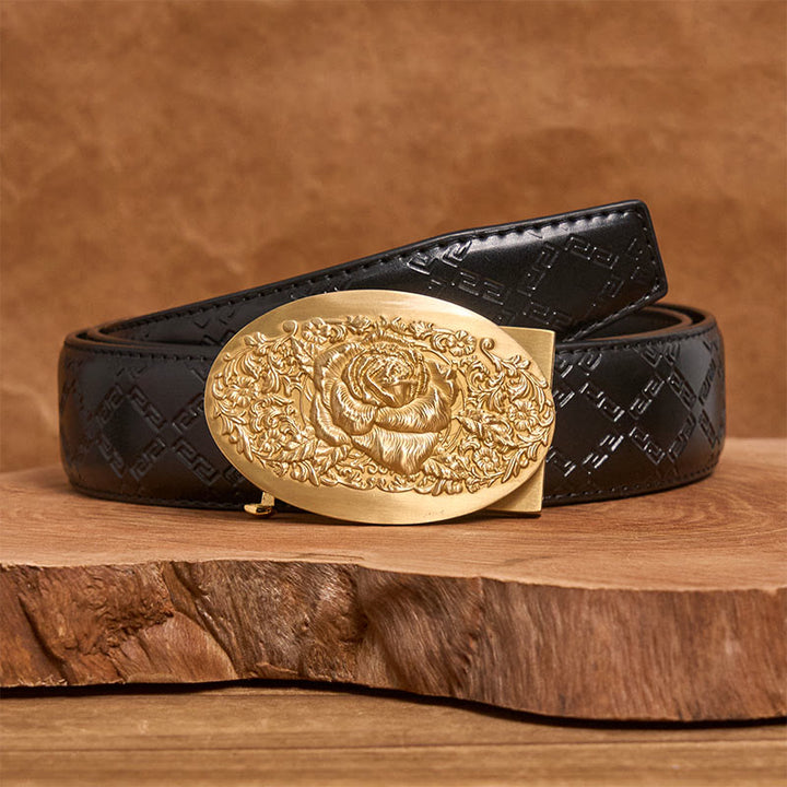 Cintura da uomo in pelle con fibbia automatica in metallo ovale color oro rosa - Rosa d'oro - Cintura con motivo a diamante nero (40) - image 3