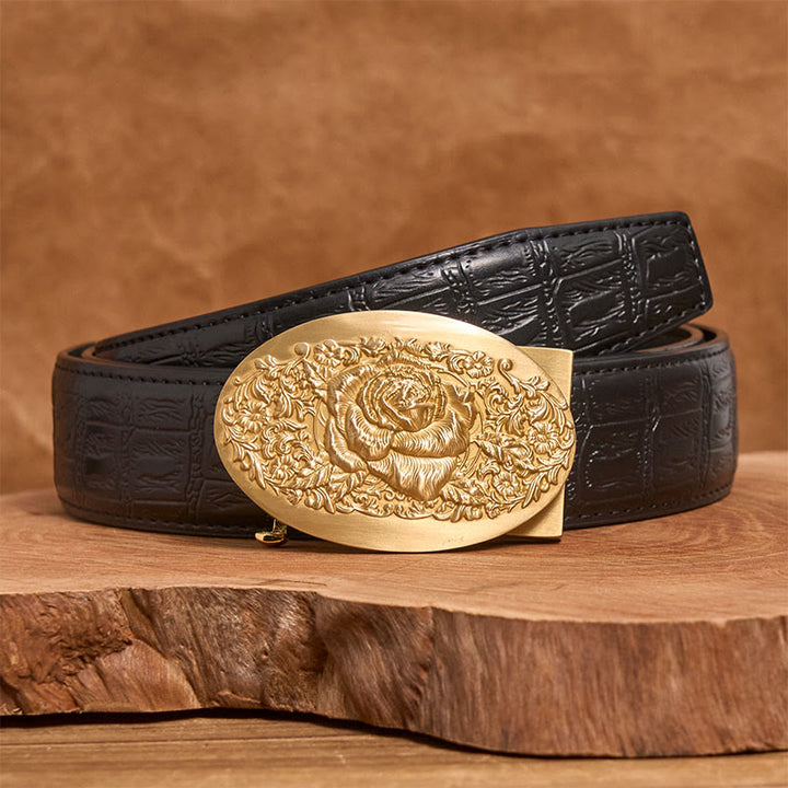 Cintura da uomo in pelle con fibbia automatica in metallo ovale color oro rosa - Rosa d'oro - Cintura con motivo serpente nero (40) - image 4