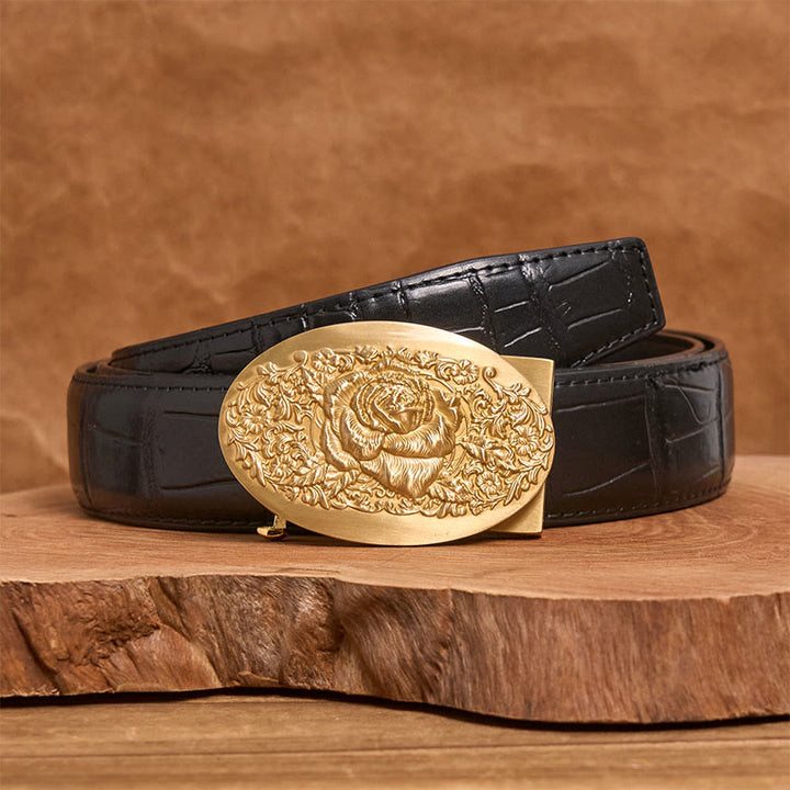 Cintura da uomo in pelle con fibbia automatica in metallo ovale color oro rosa - Rosa d'oro - Cintura nera con motivo coccodrillo (40) - image 2