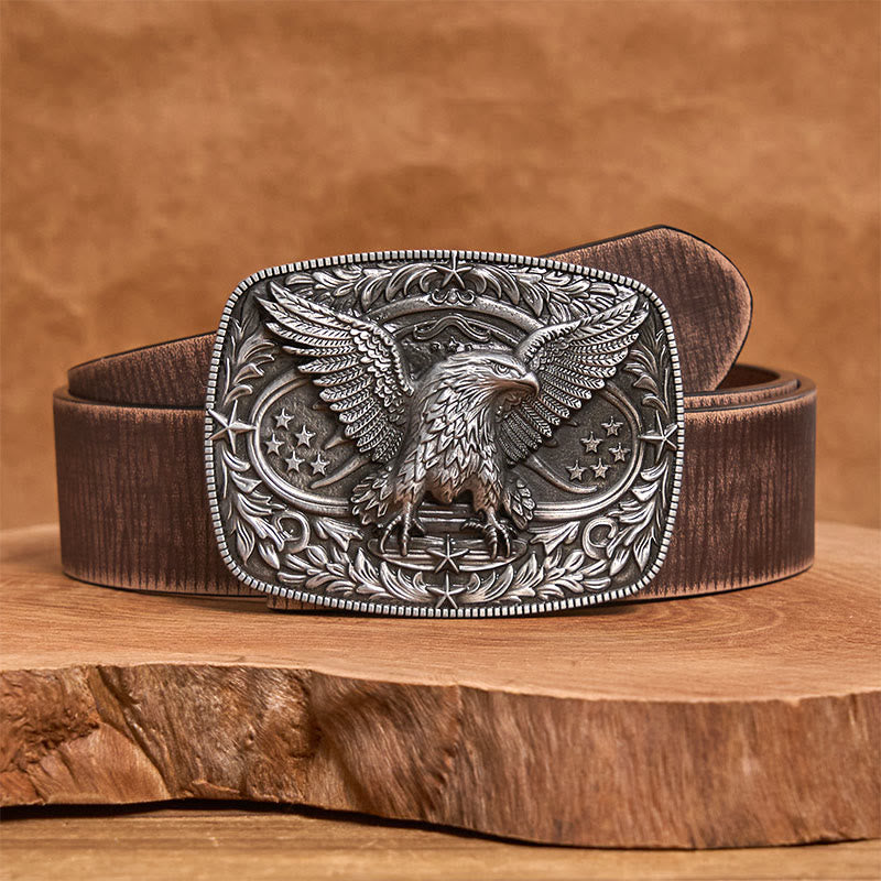 Cintura da uomo in pelle con fibbia aquila 3D in bronzo vintage - Argento - Cintura marrone anticata - 42 - image 11