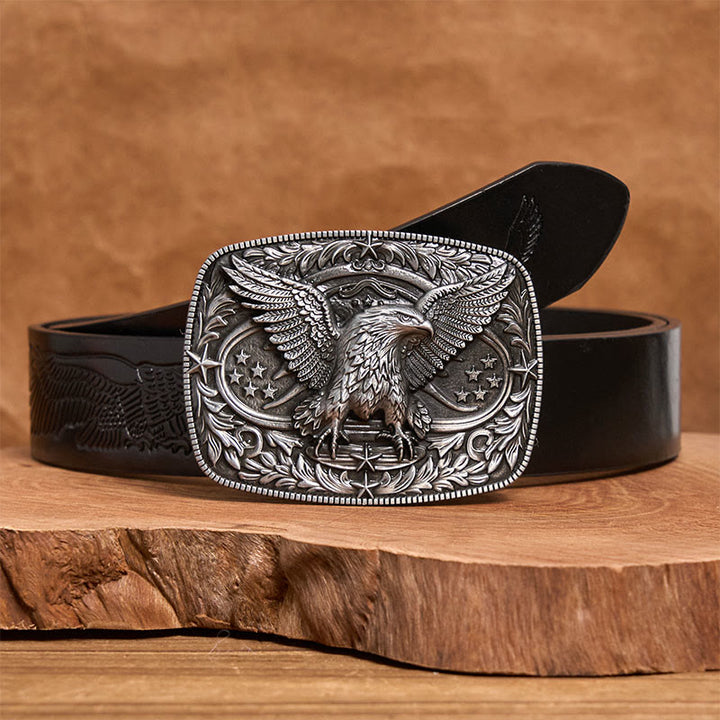 Cintura da uomo in pelle con fibbia aquila 3D in bronzo vintage - Argento - Cintura con aquila in rilievo nera - 42 - image 5
