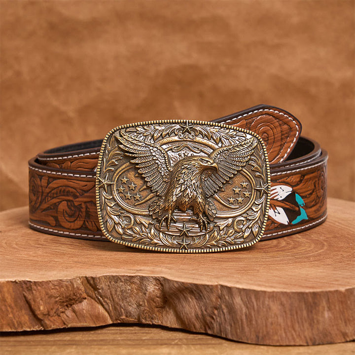 Cintura da uomo in pelle con fibbia aquila 3D in bronzo vintage - Bronzo - Cintura di piume marroni - 40 - image 12