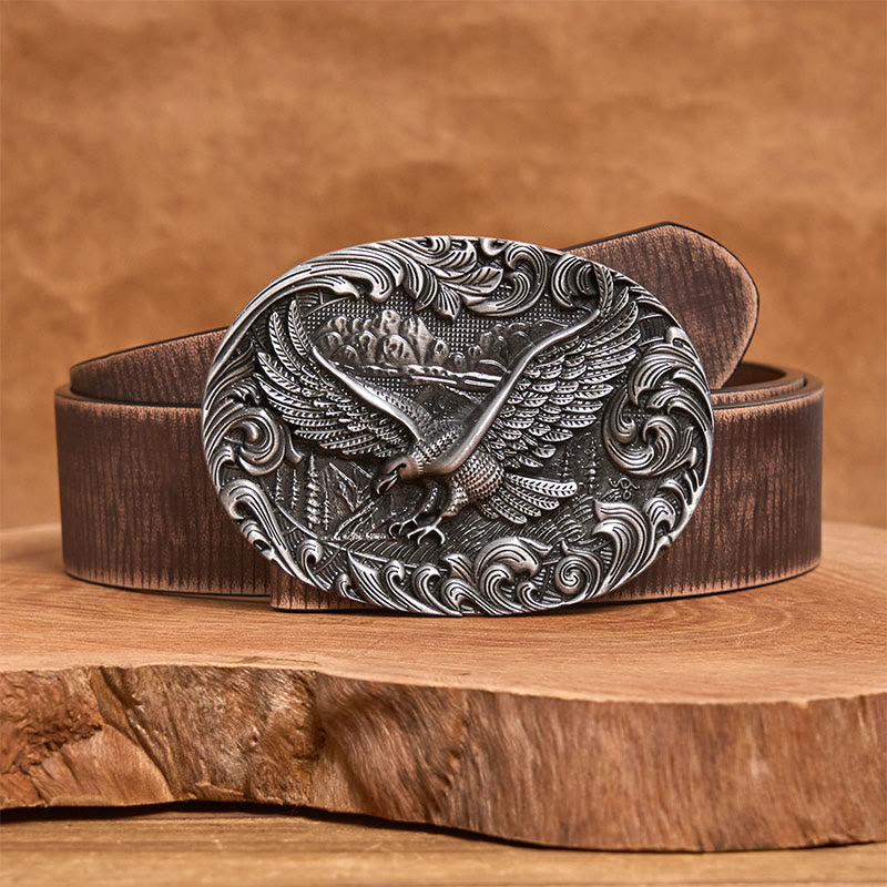 Cintura in pelle con fibbia in rilievo Western Flying Eagle da uomo - Argento - Cintura marrone anticata - 42 - image 10