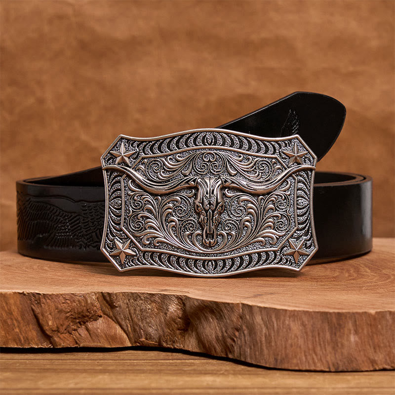 Cintura da uomo in pelle con fibbia decorata con teschio Western Longhorn - Argento - Cintura con aquila in rilievo nera - 42 - image 5