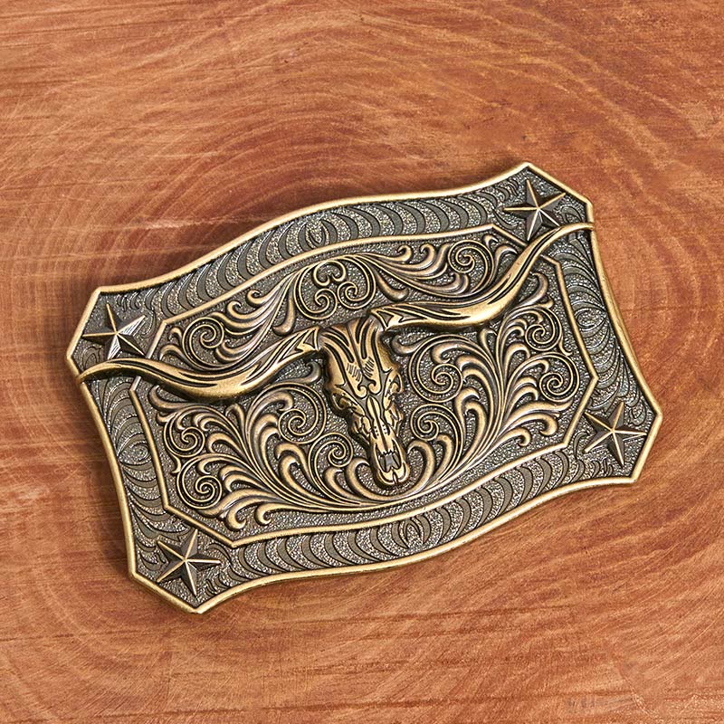 Cintura da uomo in pelle con fibbia decorata con teschio Western Longhorn - image 1