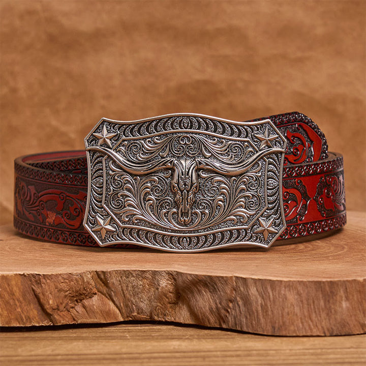 Cintura da uomo in pelle con fibbia decorata con teschio Western Longhorn - Argento - Cintura marrone intagliata - 42 - image 13