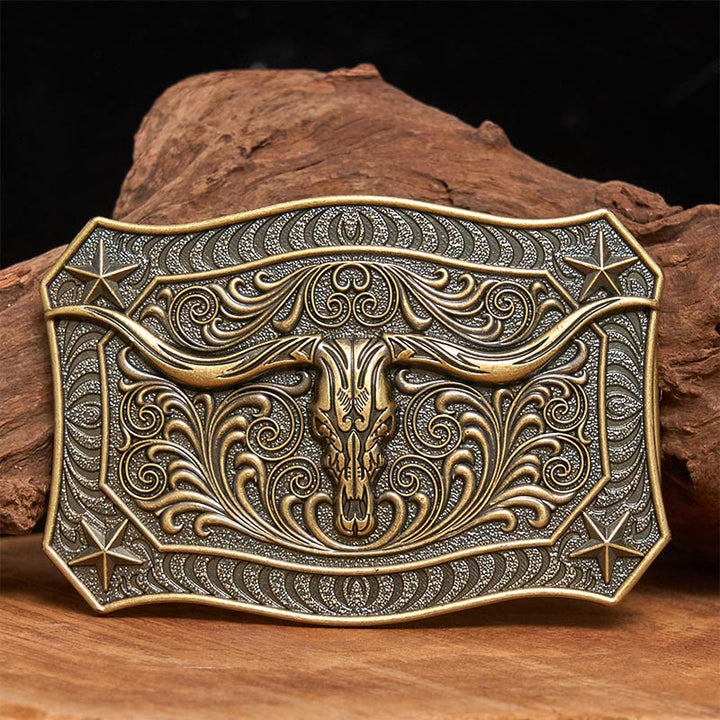 Cintura da uomo in pelle con fibbia decorata con teschio Western Longhorn - Bronzo - Senza cintura - Cintura non inclusa - image 0