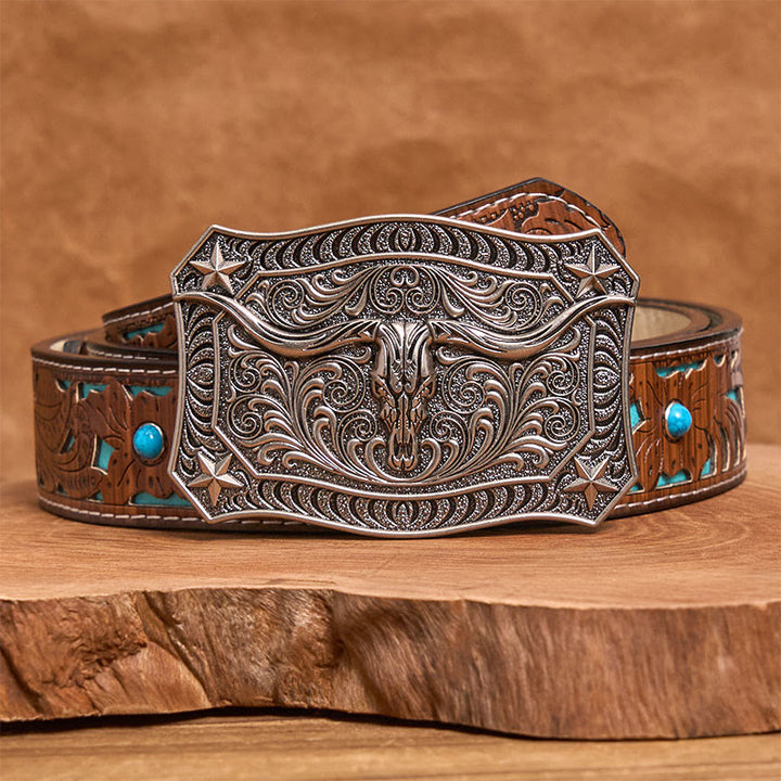 Cintura da uomo in pelle con fibbia decorata con teschio Western Longhorn - Argento - Cintura intagliata turchese - 42 - image 7