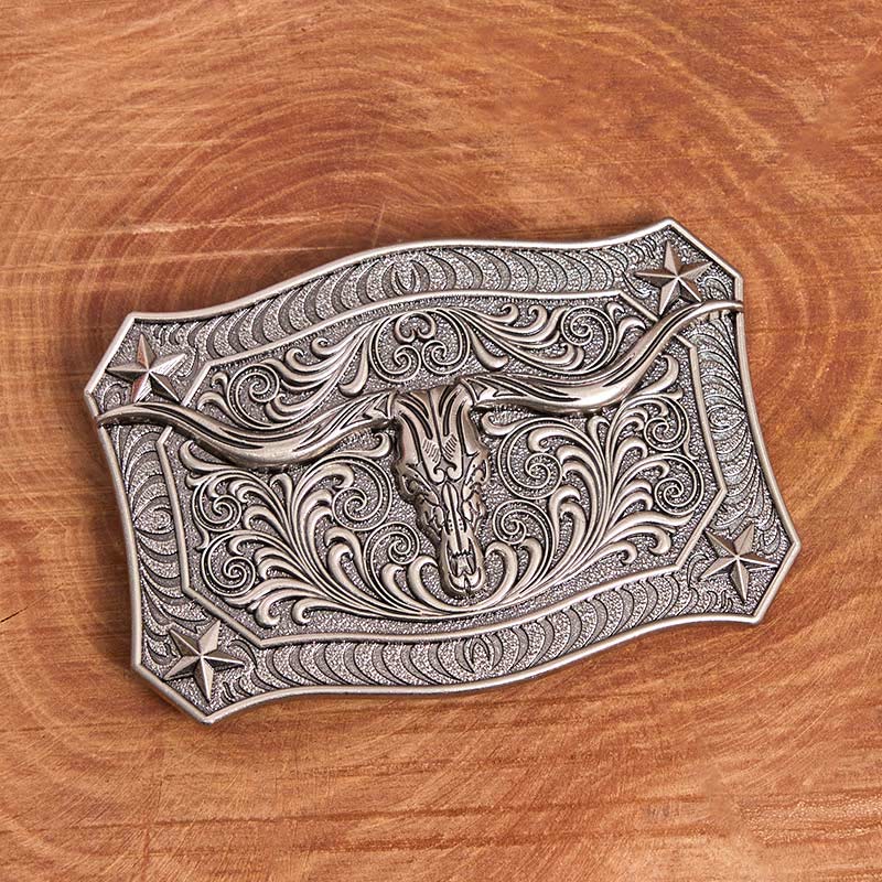 Cintura da uomo in pelle con fibbia decorata con teschio Western Longhorn - image 3