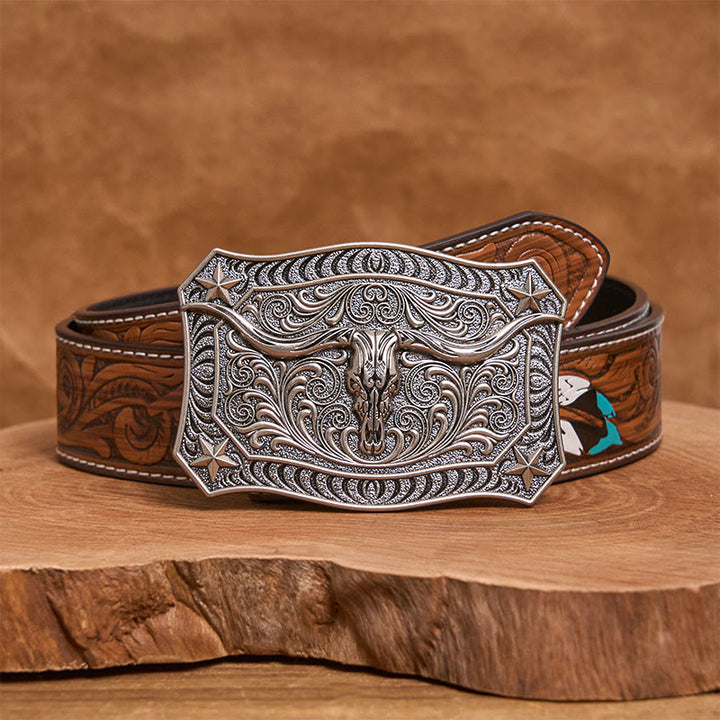 Cintura da uomo in pelle con fibbia decorata con teschio Western Longhorn - Argento - Cintura di piume marroni - 40 - image 15