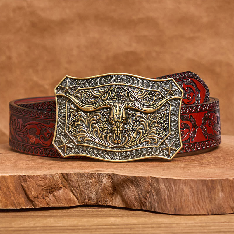 Cintura da uomo in pelle con fibbia decorata con teschio Western Longhorn - Bronzo - Cintura marrone intagliata - 42 - image 12