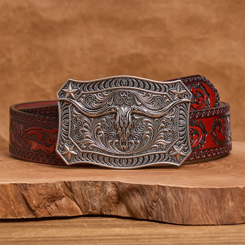 Cintura da uomo in pelle con fibbia decorata con teschio Western Longhorn - Argento - Cintura marrone intagliata - 42 - image 13