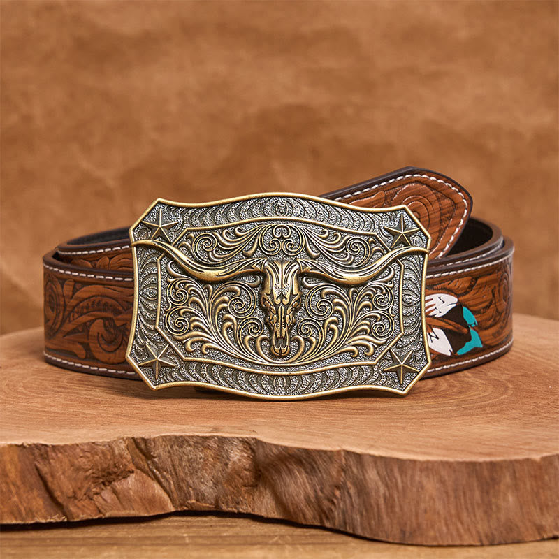 Cintura da uomo in pelle con fibbia decorata con teschio Western Longhorn - Bronzo - Cintura di piume marroni - 40 - image 14