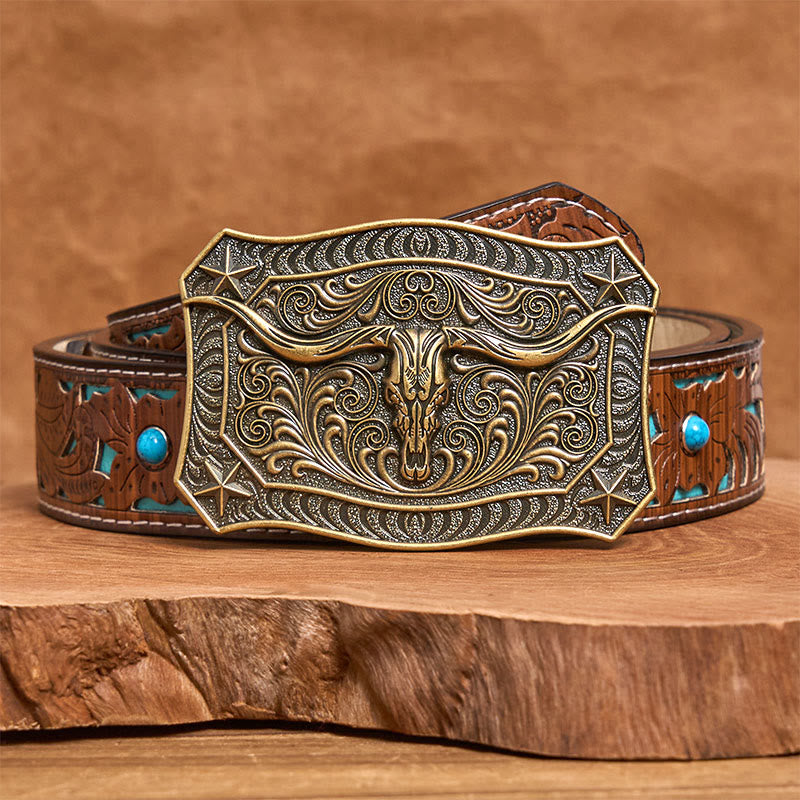 Cintura da uomo in pelle con fibbia decorata con teschio Western Longhorn - Bronzo - Cintura intagliata turchese - 42 - image 6