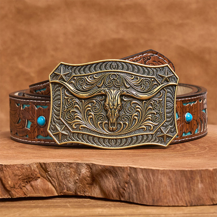 Cintura da uomo in pelle con fibbia decorata con teschio Western Longhorn - Bronzo - Cintura intagliata turchese - 42 - image 6