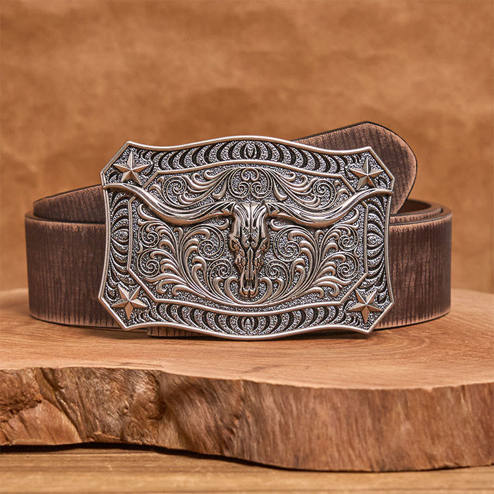 Cintura da uomo in pelle con fibbia decorata con teschio Western Longhorn - Argento - Cintura marrone anticata - 42 - image 11