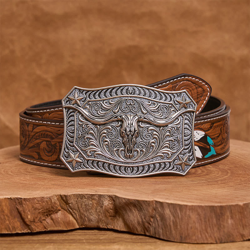 Cintura da uomo in pelle con fibbia decorata con teschio Western Longhorn - Argento - Cintura di piume marroni - 40 - image 15