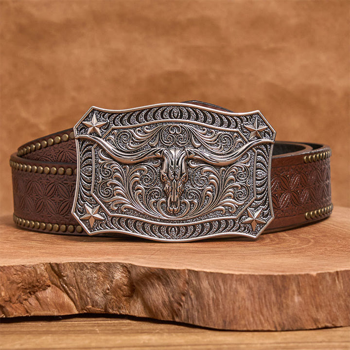 Cintura da uomo in pelle con fibbia decorata con teschio Western Longhorn - Argento - Cintura con rivetti marroni - 42 - image 9