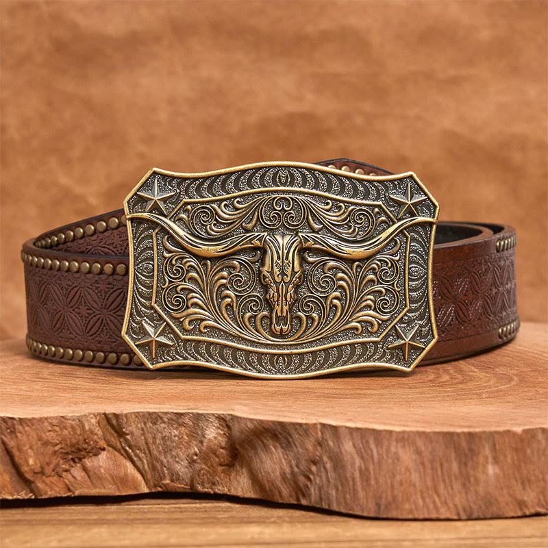 Cintura da uomo in pelle con fibbia decorata con teschio Western Longhorn - Bronzo - Cintura con rivetti marroni - 42 - image 8