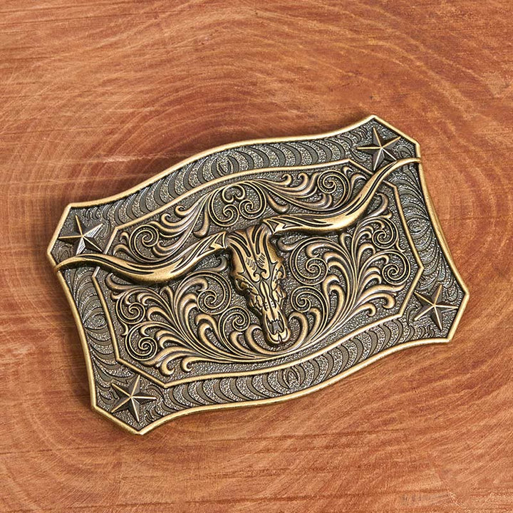 Cintura da uomo in pelle con fibbia decorata con teschio Western Longhorn - image 1