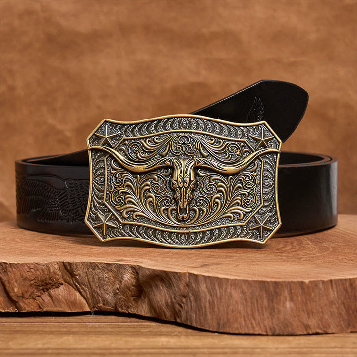 Cintura da uomo in pelle con fibbia decorata con teschio Western Longhorn - Bronzo - Cintura con aquila in rilievo nera - 42 - image 4