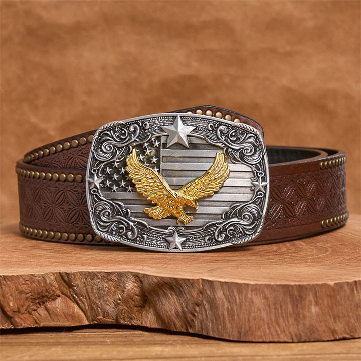Cintura da uomo in pelle con fibbia a forma di stella e bandiera americana Golden Eagle - Cintura con rivetti marroni - 42 - image 4
