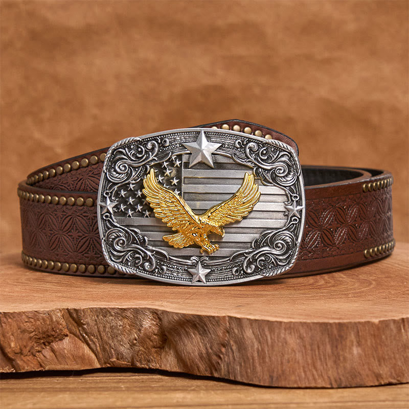 Cintura da uomo in pelle con fibbia a forma di stella e bandiera americana Golden Eagle - Cintura con rivetti marroni - 42 - image 4