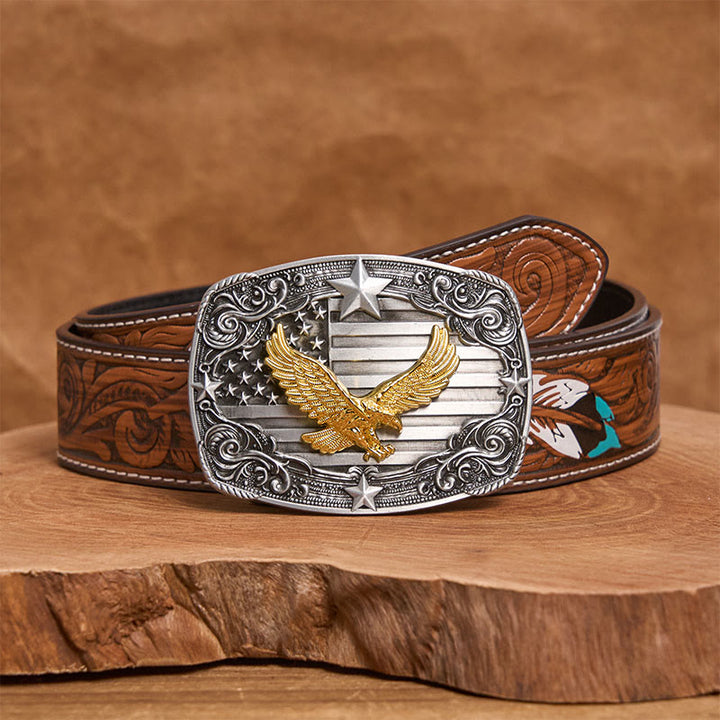 Cintura da uomo in pelle con fibbia a forma di stella e bandiera americana Golden Eagle - Cintura di piume marroni - 40 - image 7