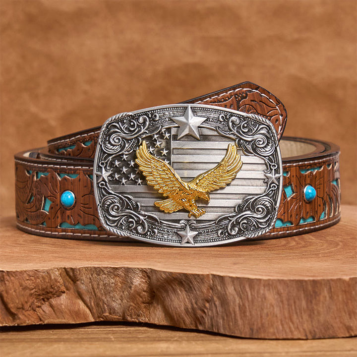 Cintura da uomo in pelle con fibbia a forma di stella e bandiera americana Golden Eagle - Cintura intagliata turchese - 42 - image 3