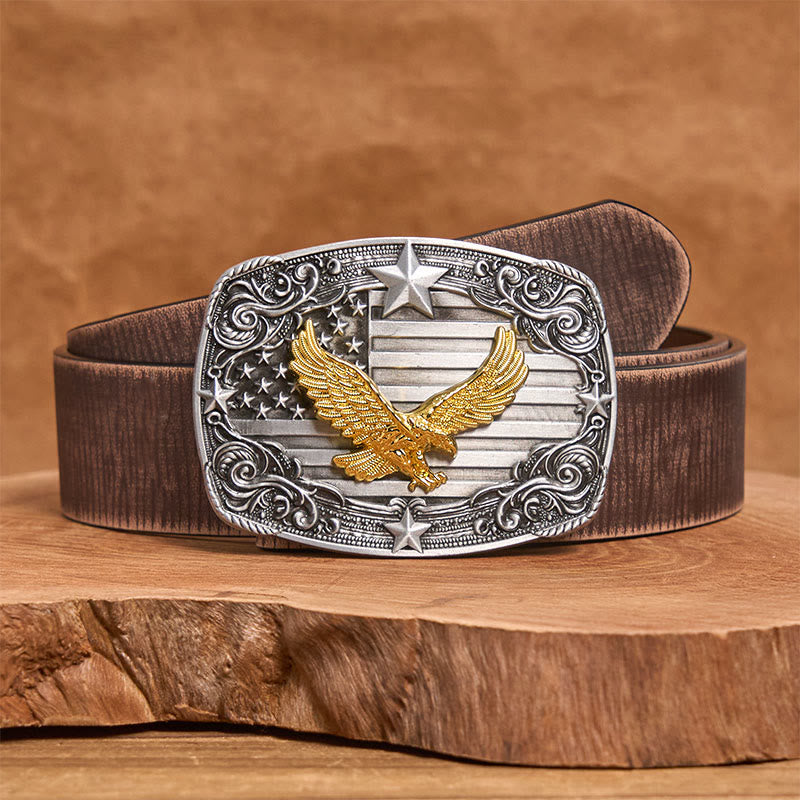 Cintura da uomo in pelle con fibbia a forma di stella e bandiera americana Golden Eagle - Cintura marrone anticata - 42 - image 5
