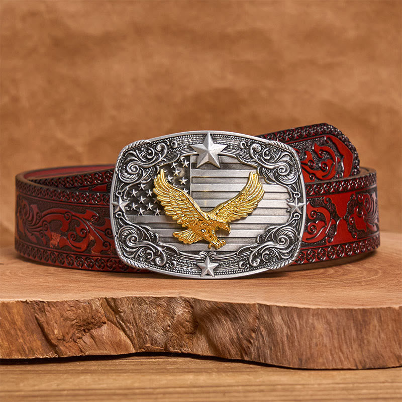 Cintura da uomo in pelle con fibbia a forma di stella e bandiera americana Golden Eagle - Cintura marrone intagliata - 42 - image 6