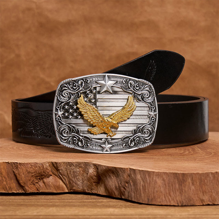 Cintura da uomo in pelle con fibbia a forma di stella e bandiera americana Golden Eagle - Cintura con aquila in rilievo nera - 42 - image 2